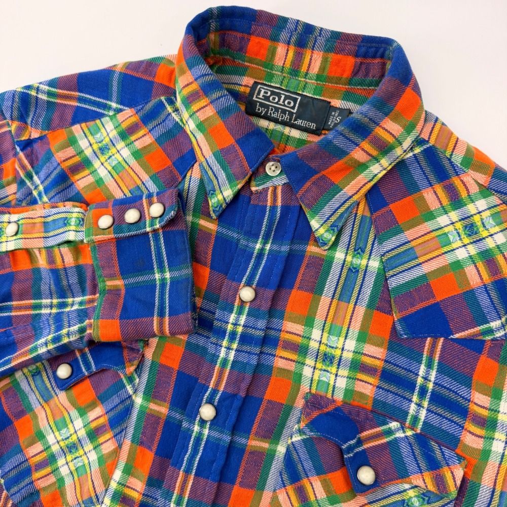 Polo Ralph Lauren Western Shirt Mens‎ Small Blue Orange Plaid Pearl Snap Cotton